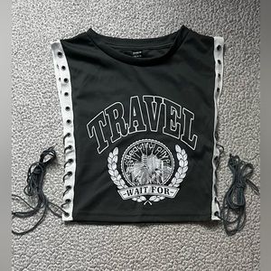 𑁍Hey gurl hey! Cropped Varsity Shirt; Color:Dark Grey, Size:Medium𑁍